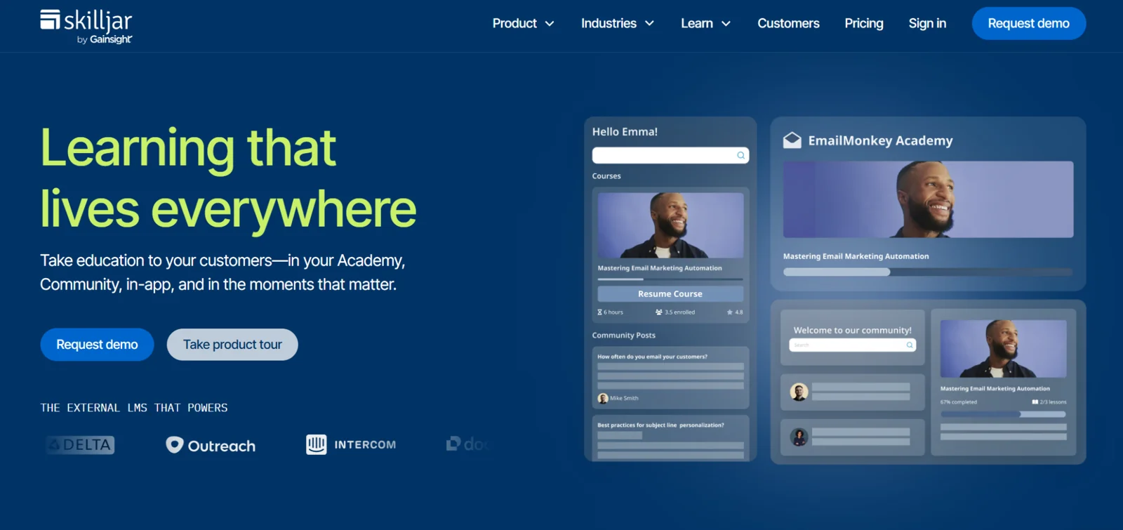 Skilljar homepage: "Learning that lives everywhere," a customer education and academy platform