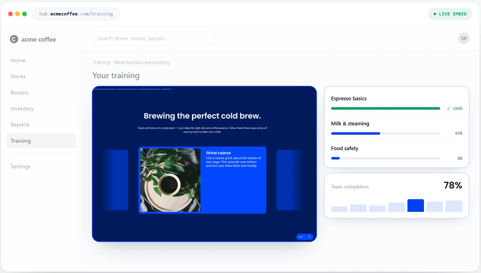 Embeddable training delivered inside a SaaS product, with a course player and completion tracking in-app