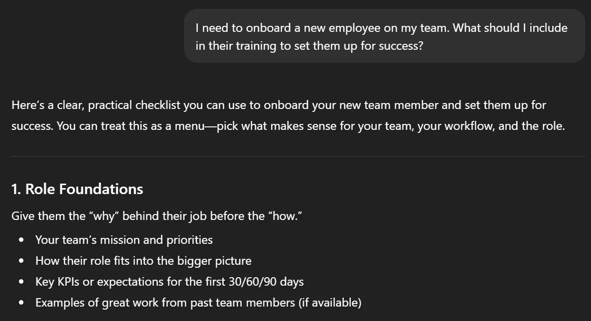 ChatGPT generating an onboarding training checklist from a prompt