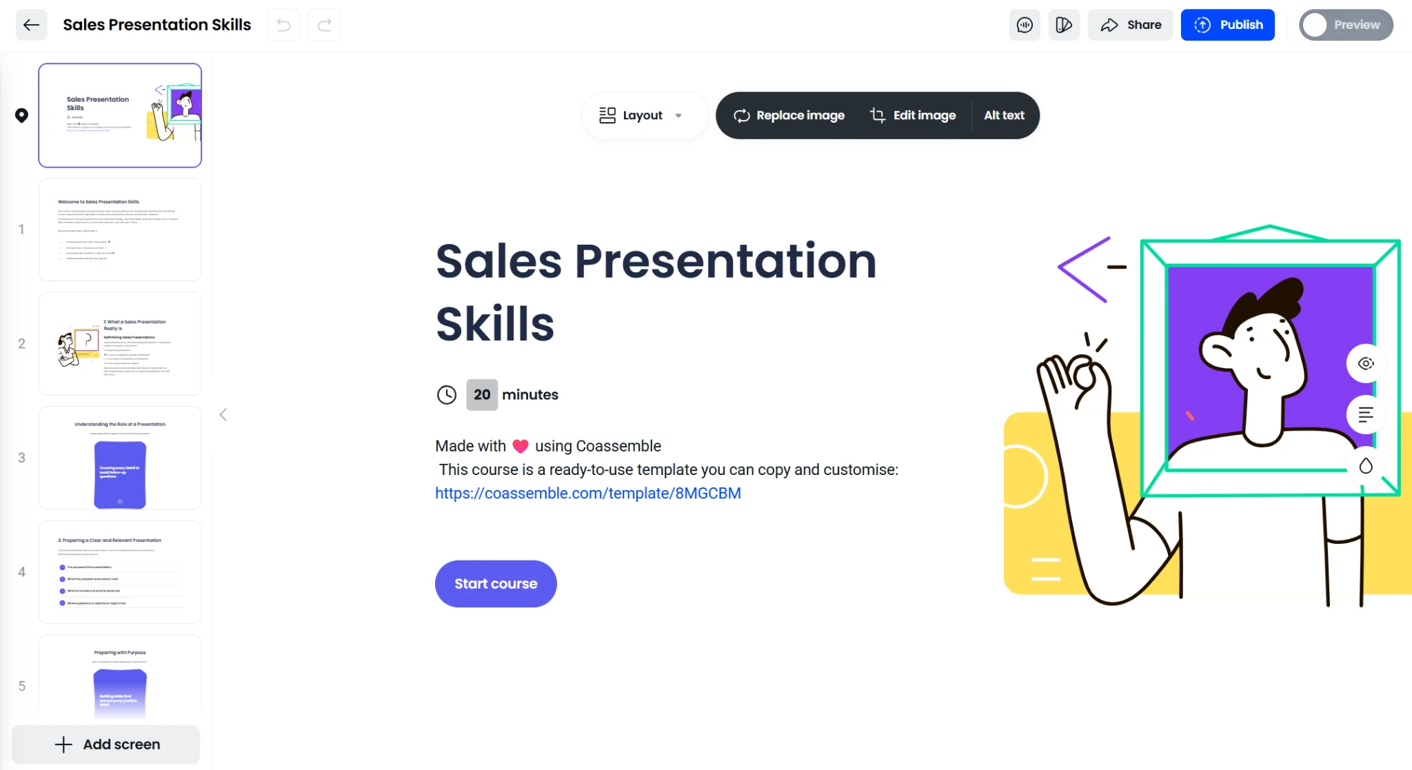 A course being built in the Coassemble editor with branding and visuals