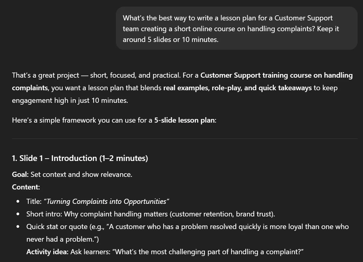 ChatGPT generating a 5-slide lesson plan for handling complaints