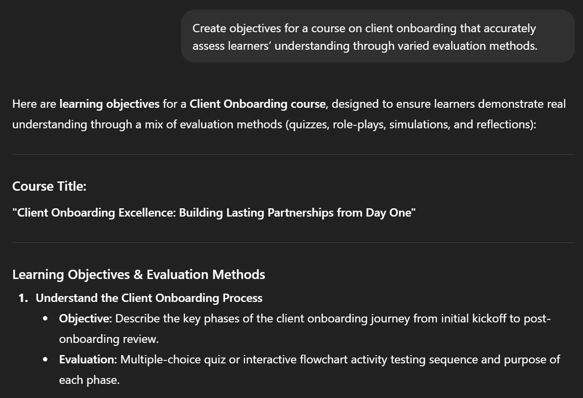 ChatGPT generating learning objectives for a client onboarding course