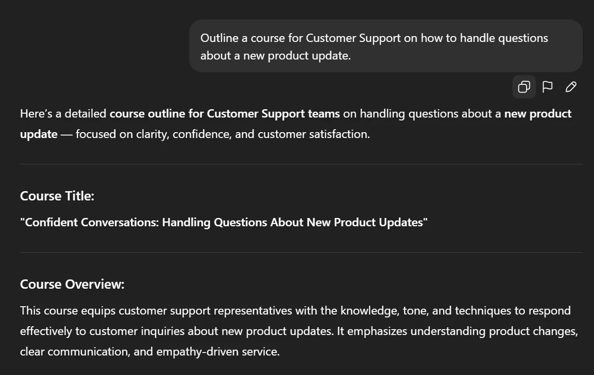 ChatGPT generating a Customer Support course outline from a prompt