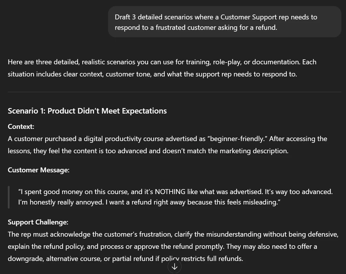 ChatGPT generating customer support refund scenarios from a prompt