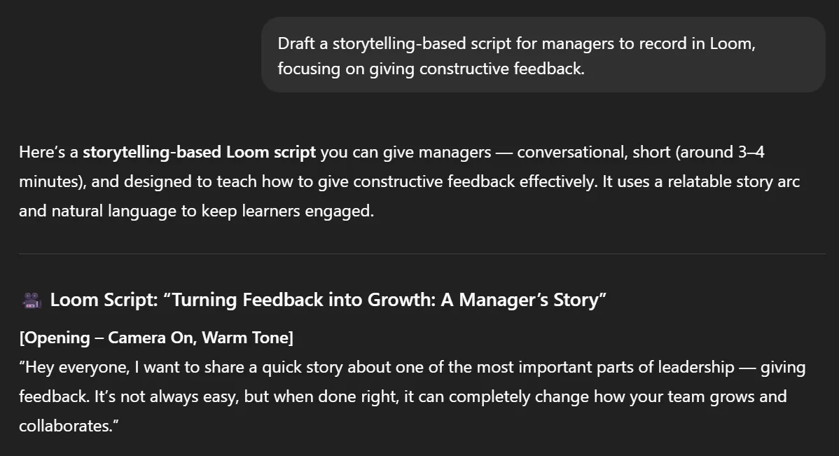 ChatGPT generating a storytelling-based Loom video script for managers