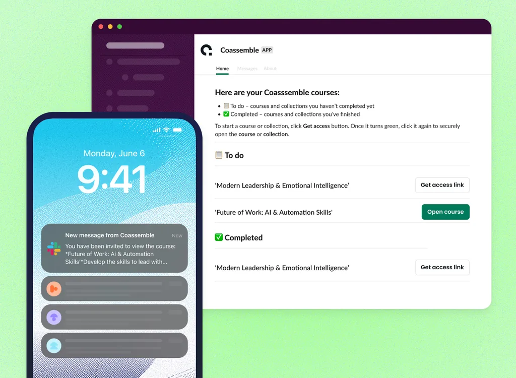 Coassemble courses delivered inside Slack on mobile and desktop