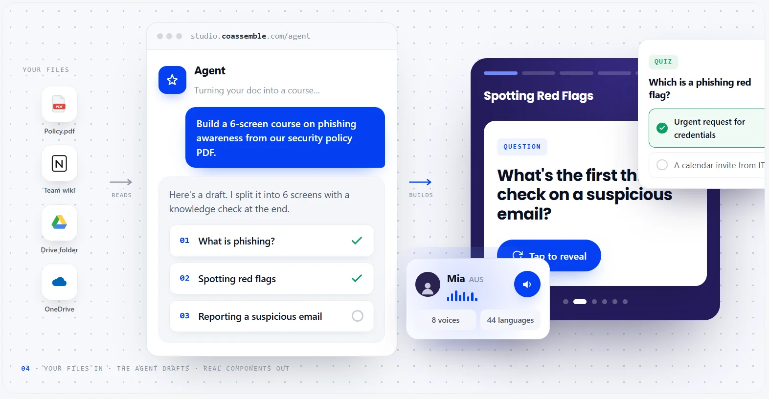 Coassemble's AI agent turning an existing document into a structured, multi-screen course with a knowledge check