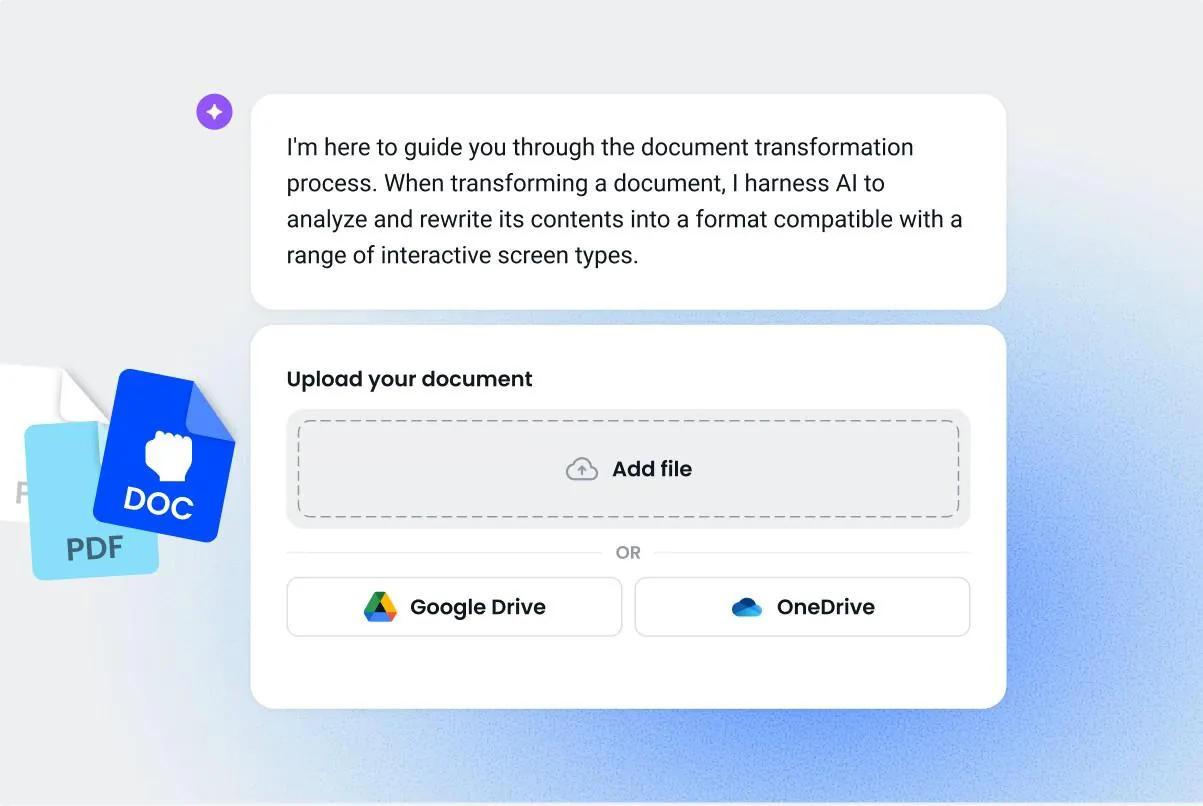 The Coassemble document upload screen with Google Drive and OneDrive options