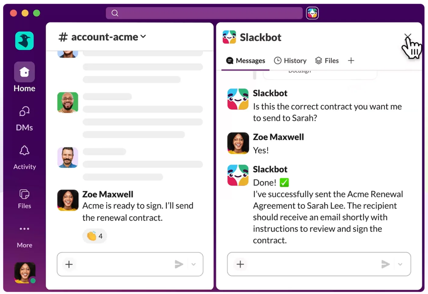A Slack channel with a Slackbot conversation completing a task