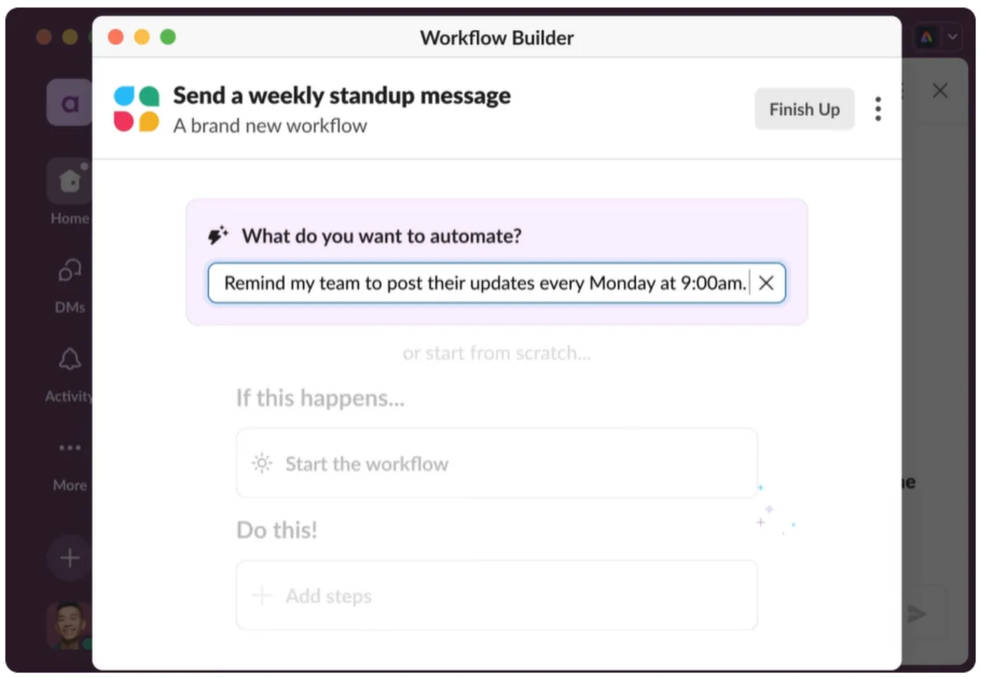 Slack's Workflow Builder set up to send a scheduled weekly message