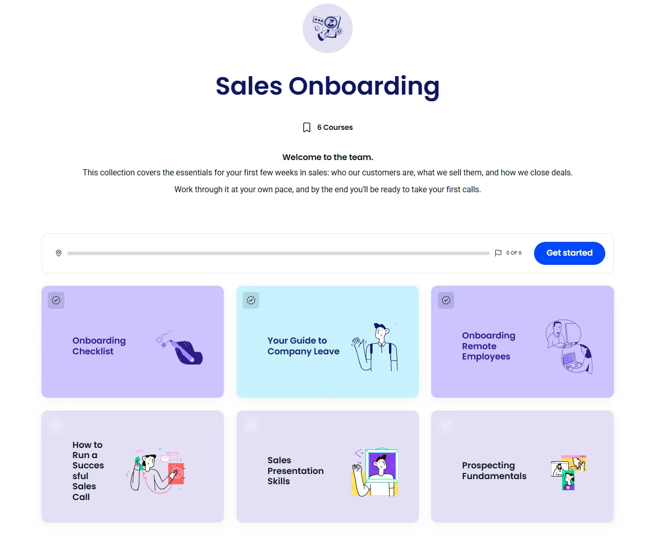 A "Sales Onboarding" collection grouping six courses into one tiered learning path inside an embedded academy