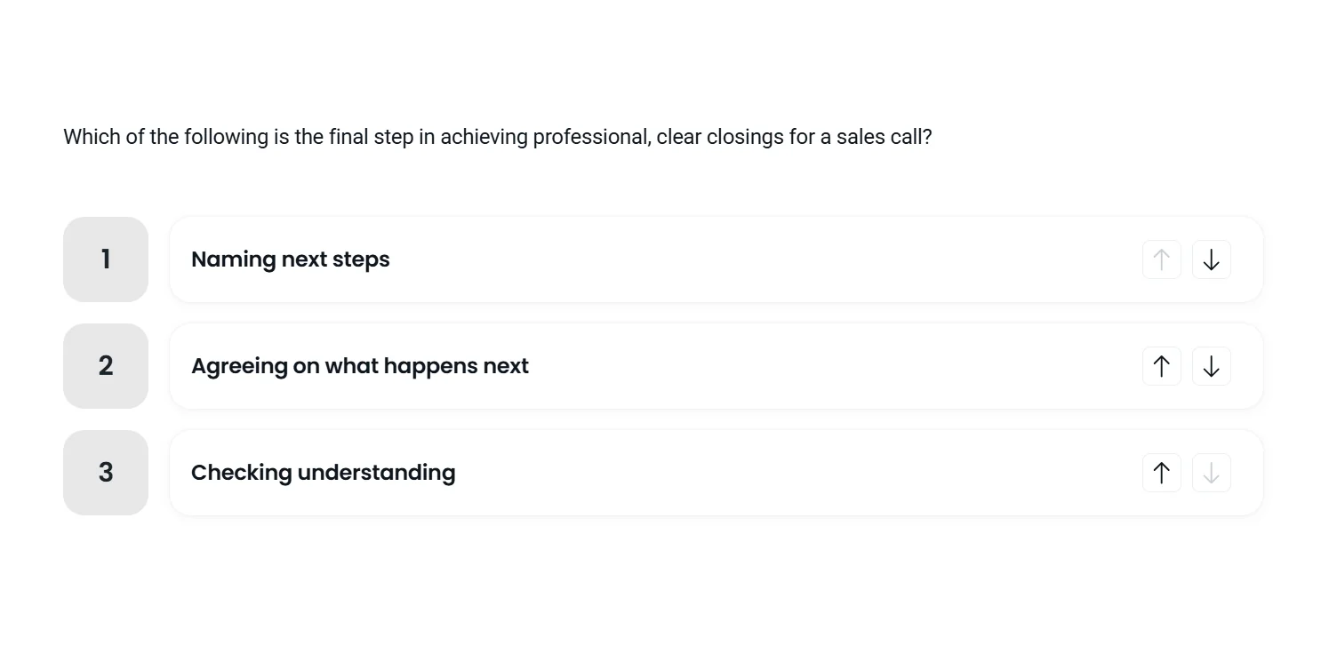 An in-course knowledge check asking learners to order the steps for closing a sales call