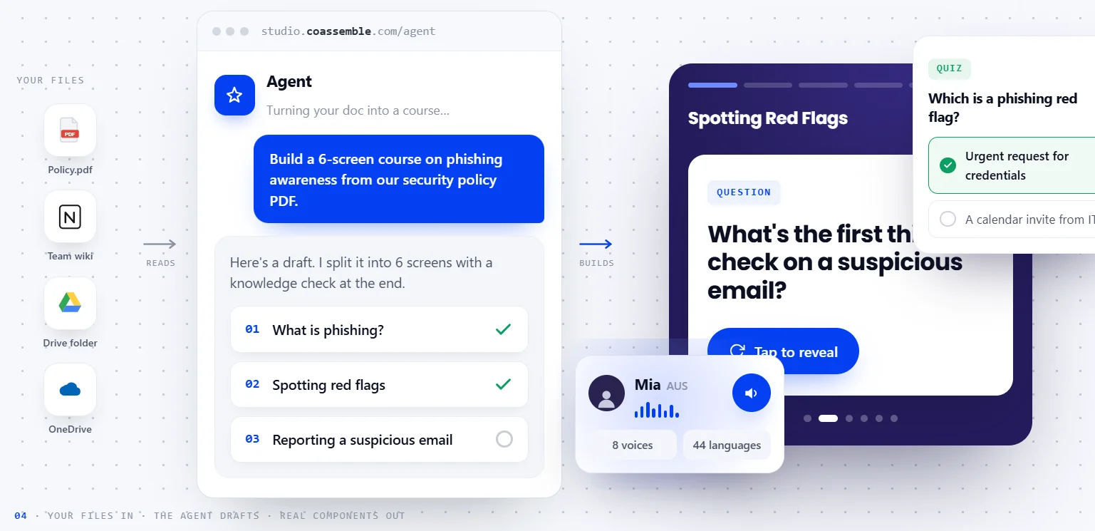 Coassemble's AI agent turning an existing document into a structured, multi-screen course with a built-in knowledge check