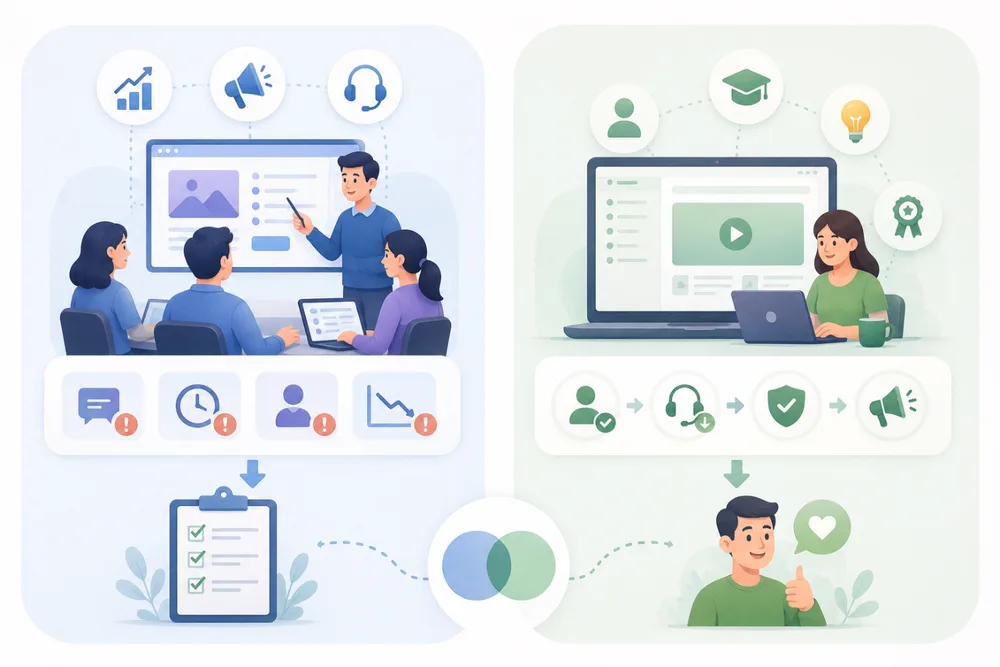 Illustrations of internal and customer-facing SaaS product training