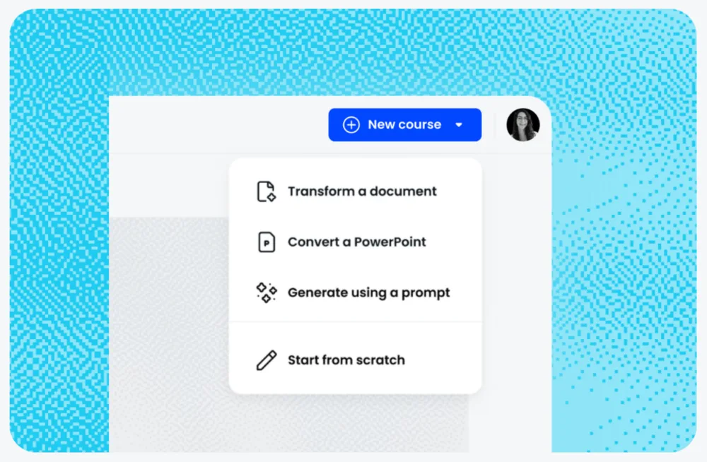 Coassemble New course menu: Transform a document, Convert a PowerPoint, Generate using a prompt, or start from scratch