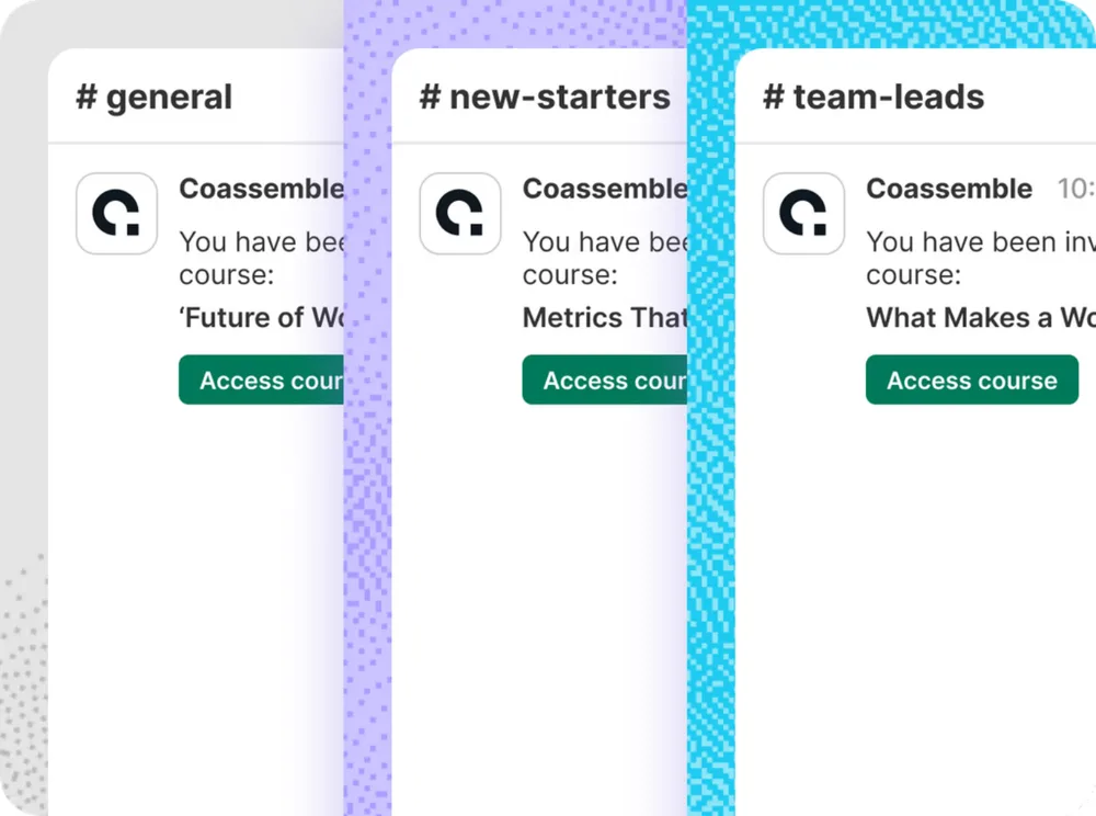 Coassemble course cards posted in Slack channels for general, new-starters, and team-leads