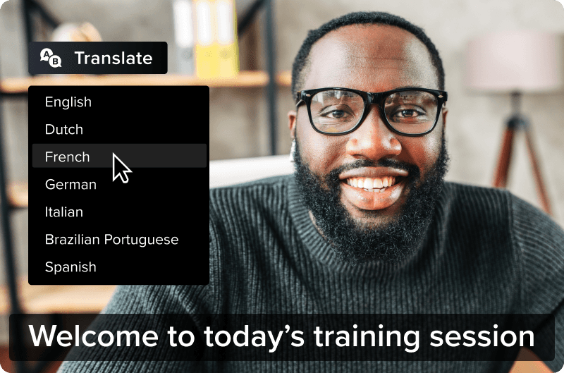 Camtasia video editor with a translation menu over a training video