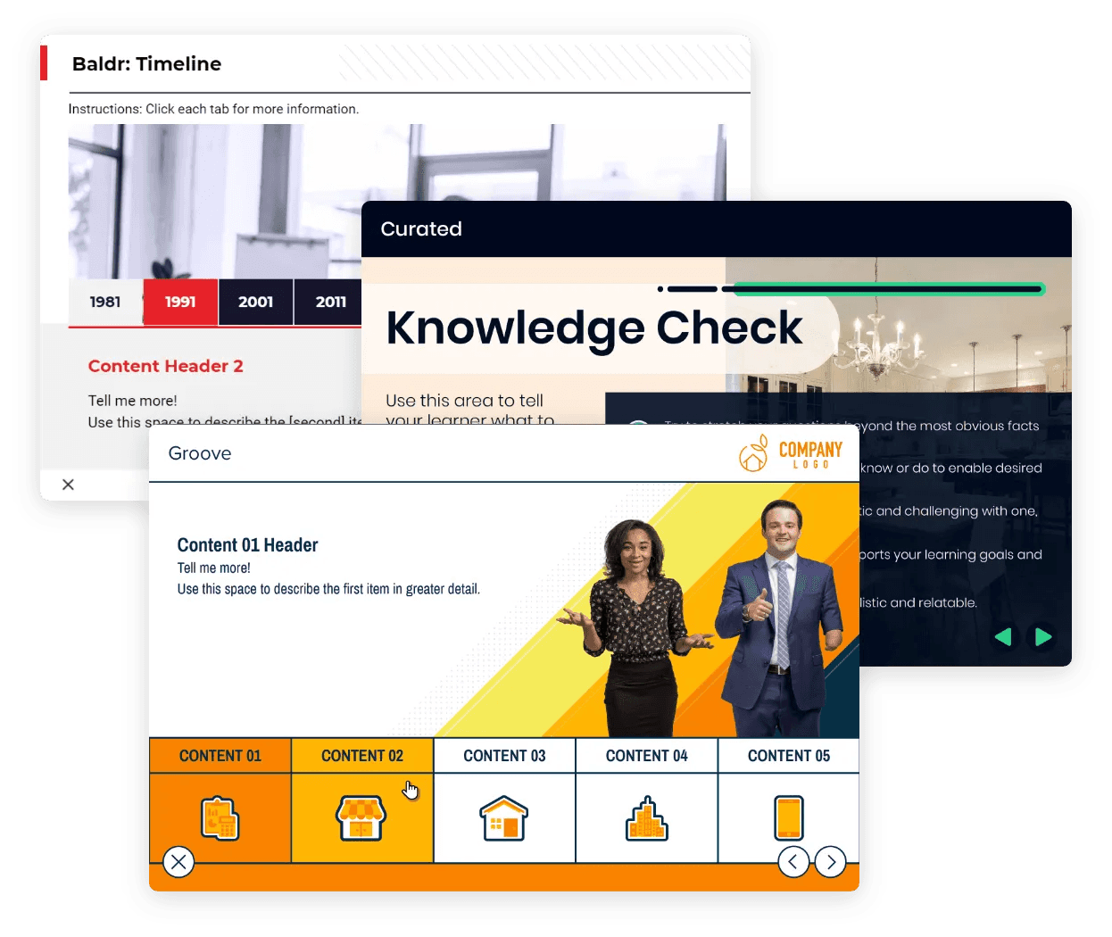 Lectora course with timeline, knowledge check, and content interactions