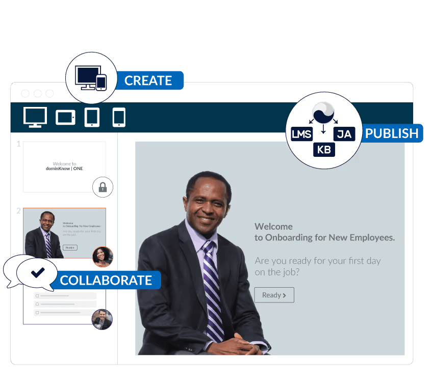 DominKnow ONE single-source authoring with create, collaborate, and publish steps