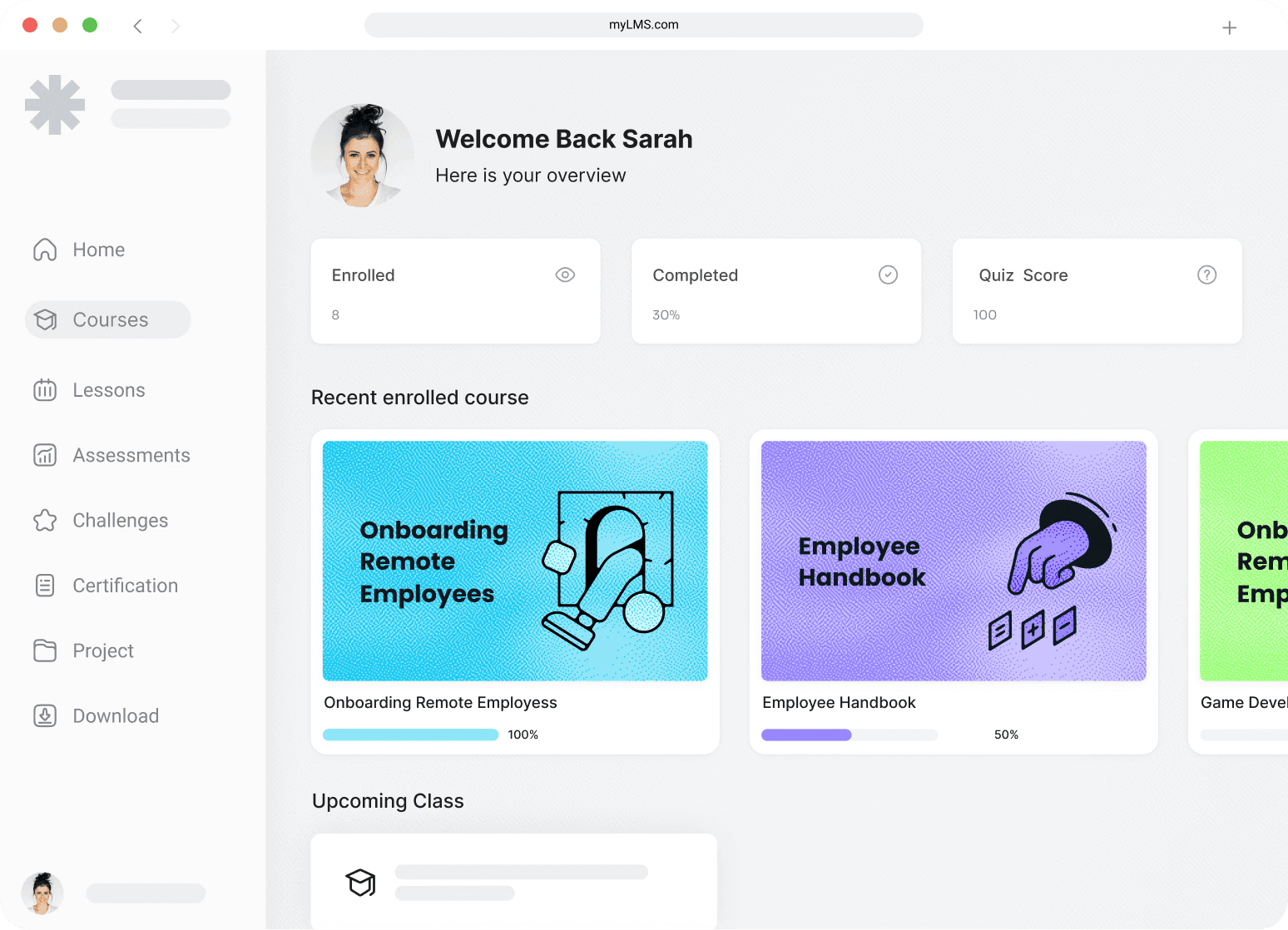 Coassemble course dashboard showing enrolled courses, completion, and quiz scores