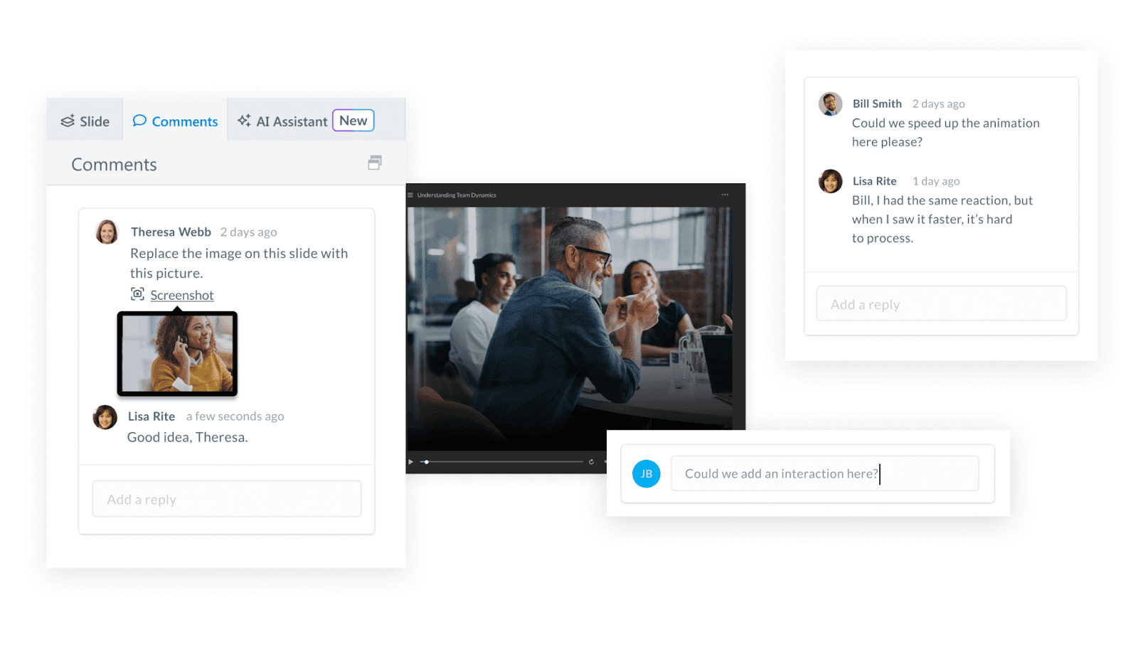 Articulate 360 review comments and AI Assistant panel