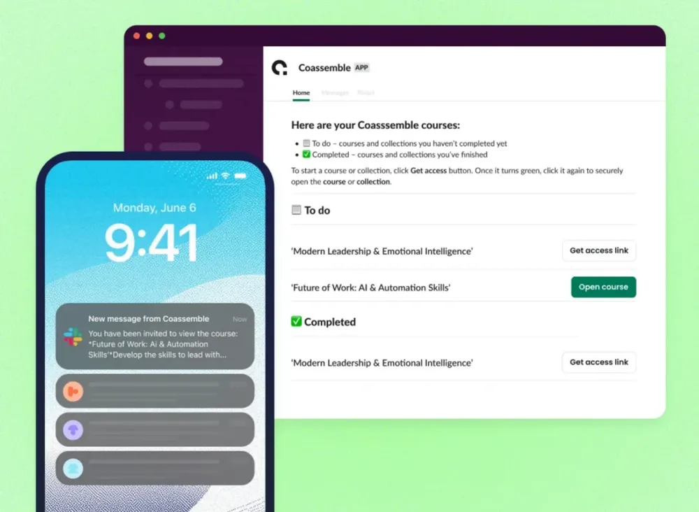 Coassemble courses delivered in Slack with a mobile notification