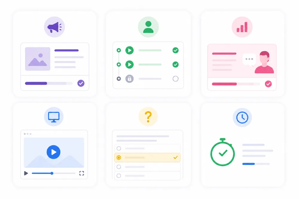 Six microlearning formats: short lessons, quizzes, screen recordings, and onboarding modules