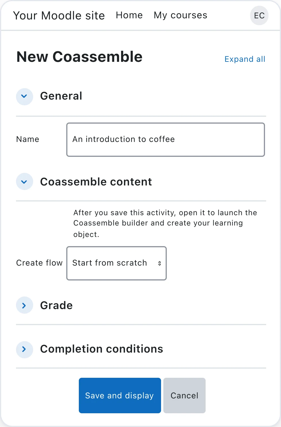 Moodle's New Coassemble activity form, with a name and a create flow to choose